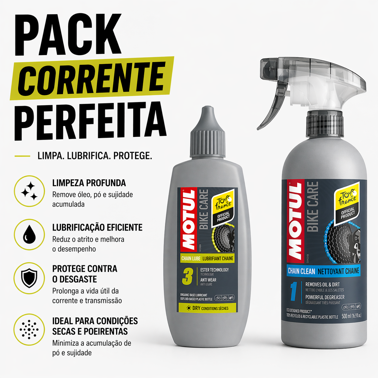 Pack Manutenção Corrente Bicicleta – Motul Chain Clean + Lube Dry