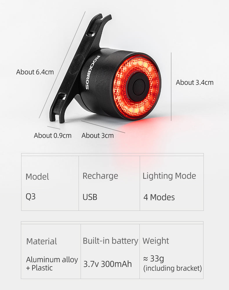 Luz Traseira para Bicicleta com Sensor de Travagem – Rockbros Q3